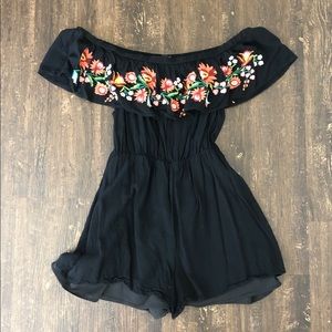 Black off the shoulder embroidered romper